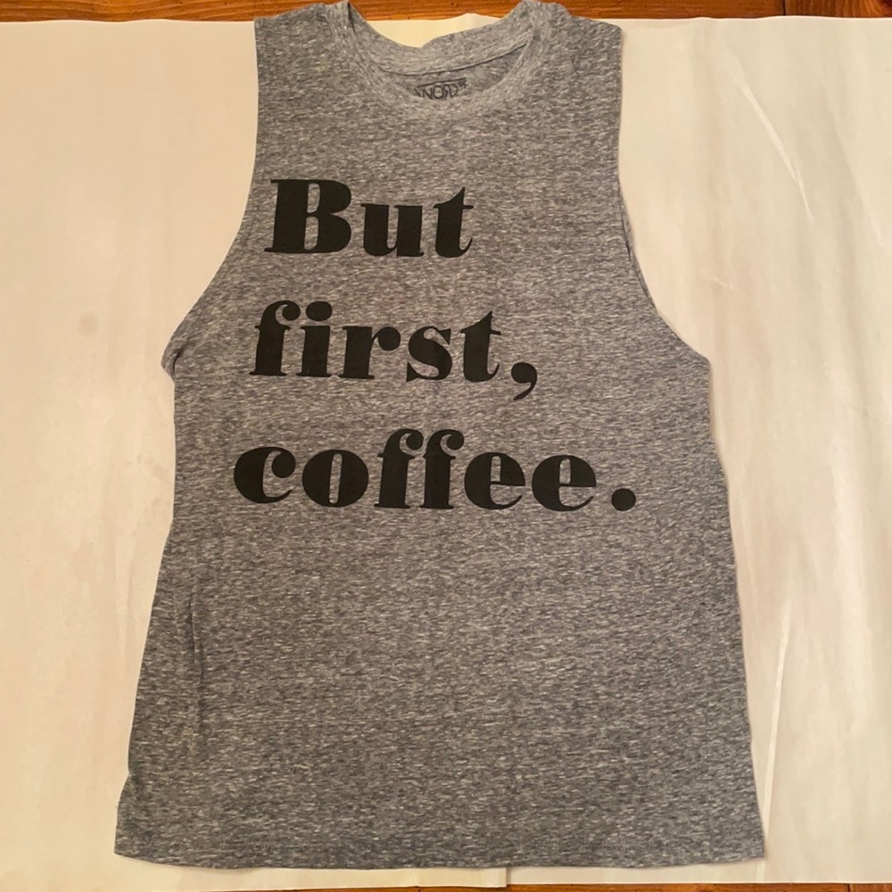 Word of Mouth grey “But first, coffee.” Comfortable tank, size small
